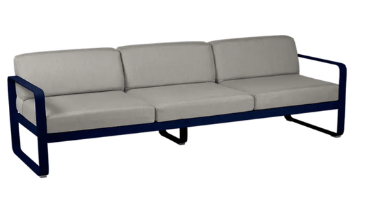 Deep blue and taupe Fermob Bellevie 3-seater outdoor sofa with metal frame, suitable for garden or patio seating.