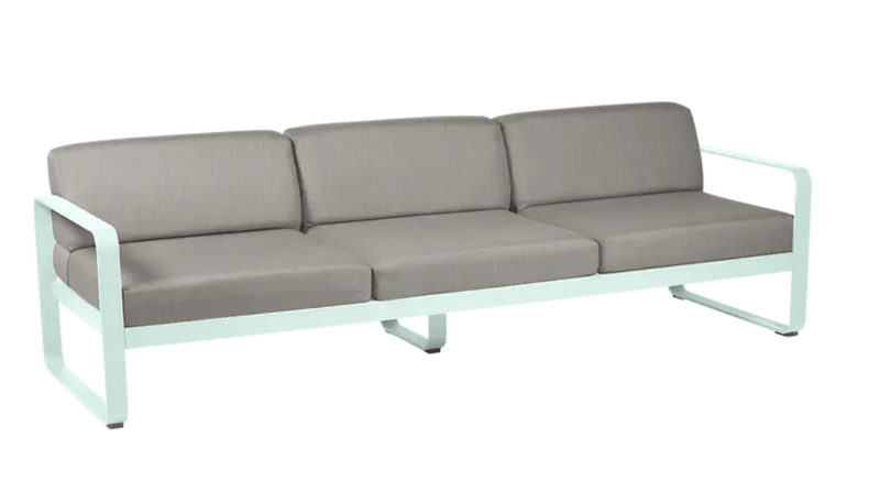 Load image into Gallery viewer, Fermob Bellevie 3-seater outdoor sofa in Ice Mint Grey Taupe with metal frame, suitable for garden or patio seating.

