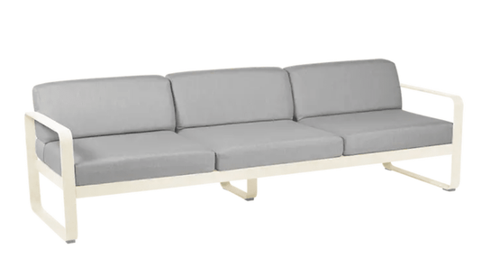 Fermob Bellevie 3-Seater outdoor sofa with beige latte fabric and grey flannel cushions, metal frame, perfect for garden seating.