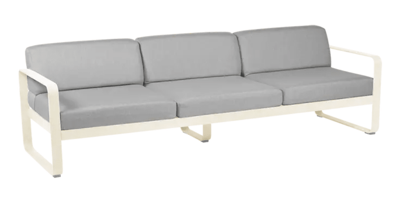 Load image into Gallery viewer, Fermob Bellevie 3-seater outdoor sofa with latte beige, grey, taupe metal frame, designed for garden or patio seating.
