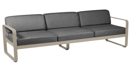 Fermob Bellevie 3-seater outdoor sofa with metal frame in nutmeg and graphite grey, ideal for garden or patio seating.