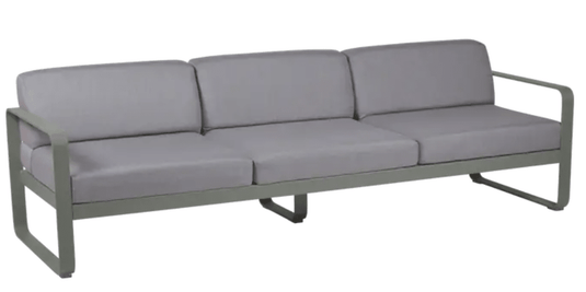 Grey Fermob Bellevie 3-seater outdoor sofa with metal frame, stylish and durable for outdoor patio or garden seating.