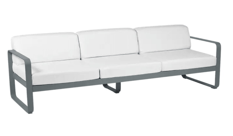 Load image into Gallery viewer, Storm grey and off-white Fermob Bellevie 3-seater outdoor sofa with metal frame, stylish and durable for outdoor furniture.
