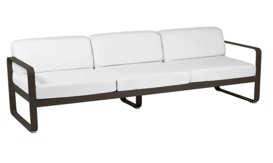 Fermob Bellevie 3-seater outdoor sofa with off-white fabric and metal frame, stylish outdoor furniture for patio or garden.