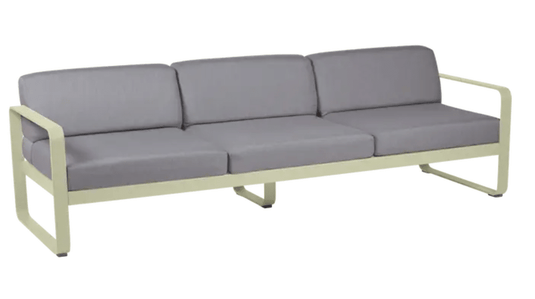 Willow green and flannel grey Fermob Bellevie 3-seater outdoor sofa with metal frame, ideal for garden or patio seating.