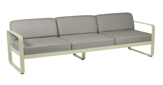 Willow green and grey taupe Fermob Bellevie 3-seater outdoor sofa with metal frame, modern contract furniture design