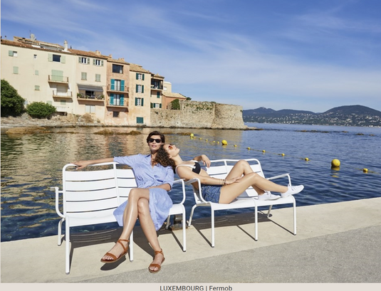 Luxembourg Duo Low Armchair by Fermob, outdoor metal bench with a modern design, ideal for outdoor seating and patio areas.