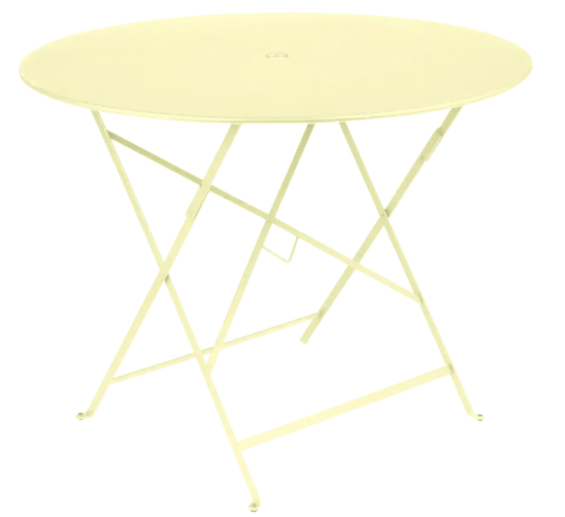 Load image into Gallery viewer, Bistro Table Ø117cm six seater - Custom Wood DesignsFermob Bistro Table, round 96cm diameter, light yellow frosted finish, outdoor metal table with umbrella hole and green accentsRound Table Fermob7913.0Willow Green
