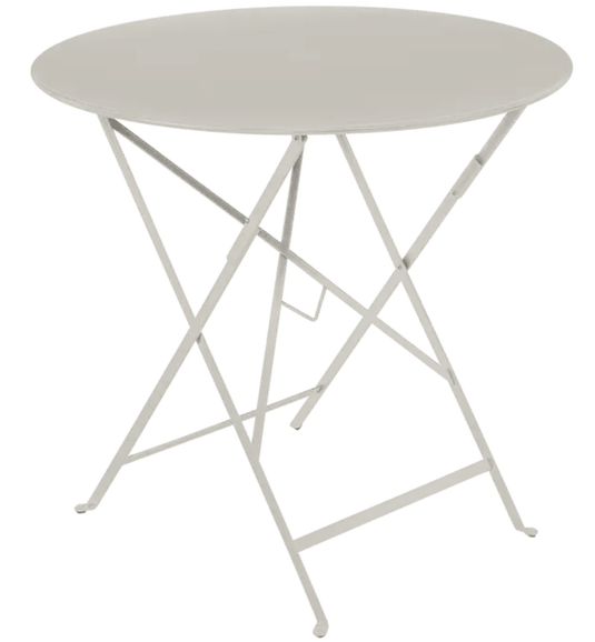 Bistro Table Ø77cm Round Folding Table - Custom Wood DesignsClay grey Fermob round outdoor bistro table, Ø77cm, folding metal design, perfect for four-seat cafe or patio setup.Round Table Ferob Outdoor7928.0Clay Grey