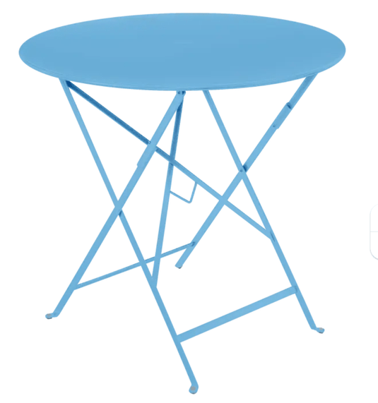 Bistro Table Ø77cm Round Folding Table - Custom Wood DesignsVibrant Maya Blue Fermob round Bistro Table Ø77cm, outdoor metal folding table with a stylish design for small terraces.Round Table Ferob Outdoor7920.0Maya Blue