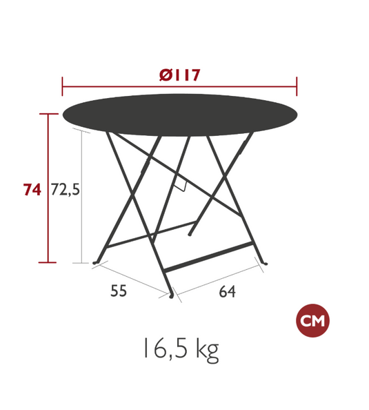 Fermob round bistro table, 117cm diameter, honey-colored folding metal café table with six seats, ideal for outdoor dining.