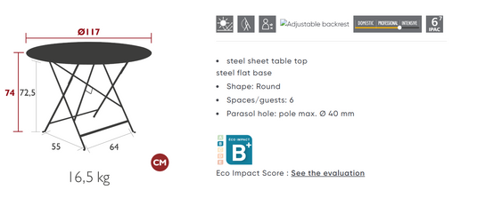 Fermob round bistro table, 117cm diameter, honey metal finish, six-seater folding cafe table for outdoor dining in Ireland