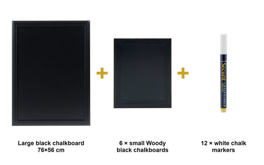 Black Gallery Wall Set - Large Wall Chalkboard 76x56 cm + 6 Small Woody Chalkboards + White Chalk Markers - what is in the set