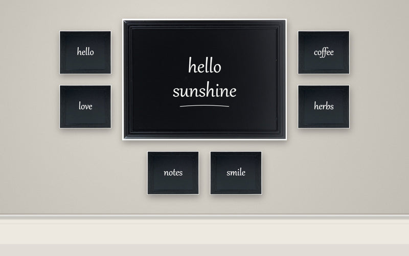 Load image into Gallery viewer, Black Gallery Wall Set - Large Wall Chalkboard 76x56 cm + 6 Small Woody Chalkboards + White Chalk Markers - what is in the set
