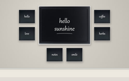 Black Gallery Wall Set - Large Wall Chalkboard 76x56 cm + 6 Small Woody Chalkboards + White Chalk Markers - what is in the set