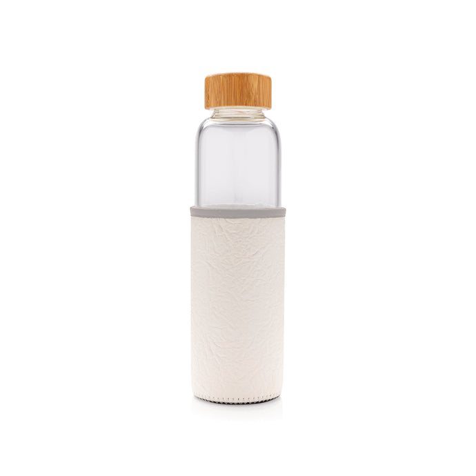 Glass bottle 550ml with bamboo lid & textured PU sleeve pack of 25 White/Grey Custom Wood Designs __label: Multibuy black-glass-bottle-550ml-with-bamboo-lid-textured-pu-sleeve-pack-of-25-53613712736599