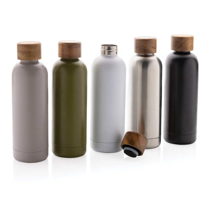 Stainless steel bottle with wood lid pack of 25 Custom Wood Designs __label: Multibuy black-stainless-steel-bottle-with-wood-lid-pack-of-25-53613615645015