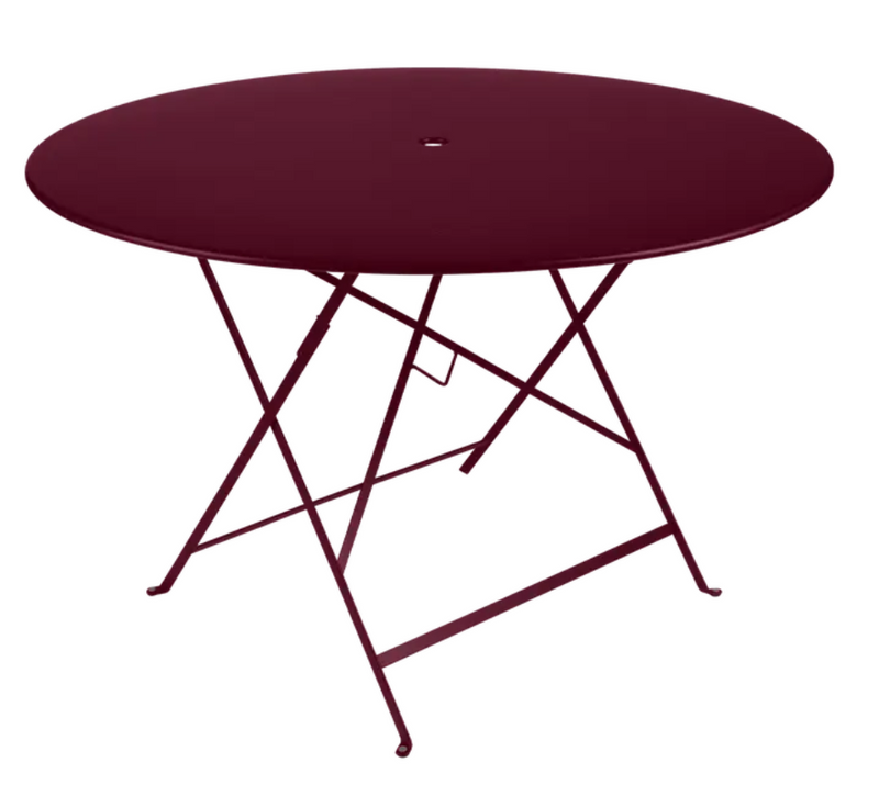 Load image into Gallery viewer, Black cherry Fermob round bistro table, Ø117cm, outdoor metal dining table, six-seater for patio or garden use.
