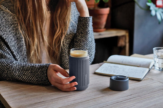 Black+Blum Glass Travel Cup 340ML - Custom Wood DesignsBlack + Blum glass travel cup, 340ml drinkware with black lid, shown with a sleek, modern design for on-the-go beverages.DrinkwareP439.1602Glass,Siliconegrey