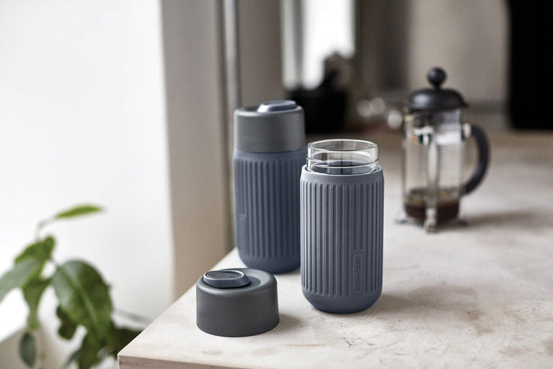 Load image into Gallery viewer, Black+Blum Glass Travel Cup 340ML - Custom Wood DesignsBlack+Blum glass travel cup in black with a sleek design, 340ML capacity, perfect for hot and cold beverages on the go.DrinkwareP439.1602Glass,Siliconegrey
