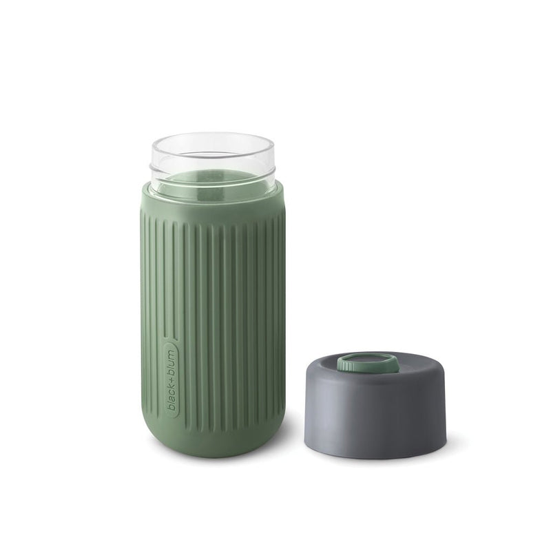 Load image into Gallery viewer, Black+Blum Glass Travel Cup 340ML - Custom Wood DesignsBlack+Blum glass travel cup with black lid, 340ml capacity, featuring a sleek, modern design for on-the-go drinking.DrinkwareP439.1627Glass,Siliconeolive green
