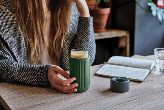 Black+Blum Glass Travel Cup 340ML - Custom Wood DesignsBlack+Blum glass travel cup with black lid, 340ml capacity, designed for hot and cold beverages, sleek and portable drinkware.DrinkwareP439.1627Glass,Siliconeolive green