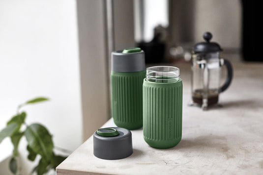 Black+Blum Glass Travel Cup 340ML - Custom Wood DesignsBlack+Blum glass travel cup in black with a 340ML capacity, designed for hot and cold beverages, featuring a sleek, modern look.DrinkwareP439.1627Glass,Siliconeolive green