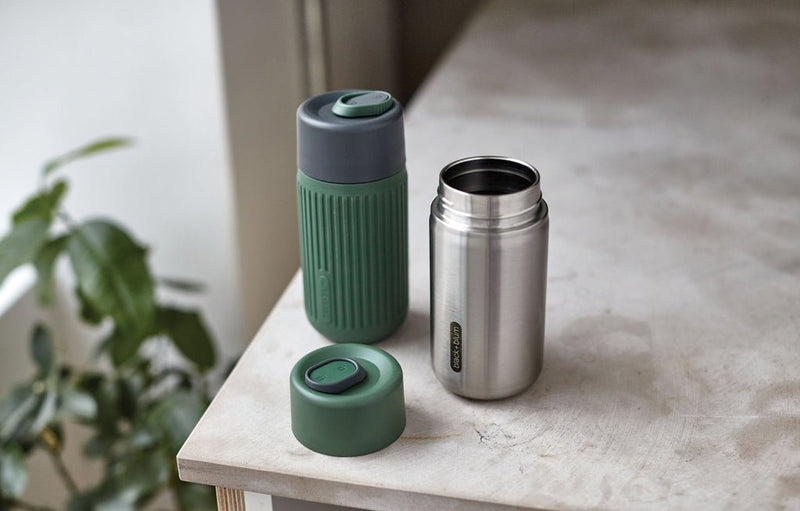 Load image into Gallery viewer, Black+Blum Glass Travel Cup 340ML - Custom Wood DesignsBlack+Blum glass travel cup in black, 340ML, featuring a sleek design and secure lid for portable drinkware.DrinkwareP439.1627Glass,Siliconeolive green
