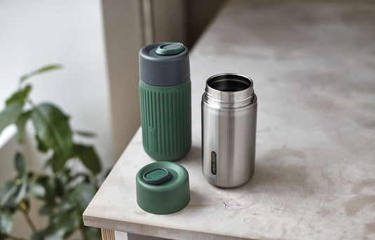 Black+Blum Glass Travel Cup 340ML - Custom Wood DesignsBlack+Blum glass travel cup in black, 340ML, featuring a sleek design and secure lid for portable drinkware.DrinkwareP439.1627Glass,Siliconeolive green