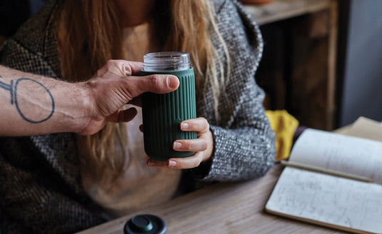 Black+Blum Glass Travel Cup 340ML - Custom Wood DesignsBlack+Blum glass travel cup with black lid, 340ML capacity, featuring a sleek, modern design for on-the-go drinks.DrinkwareP439.1627Glass,Siliconeolive green