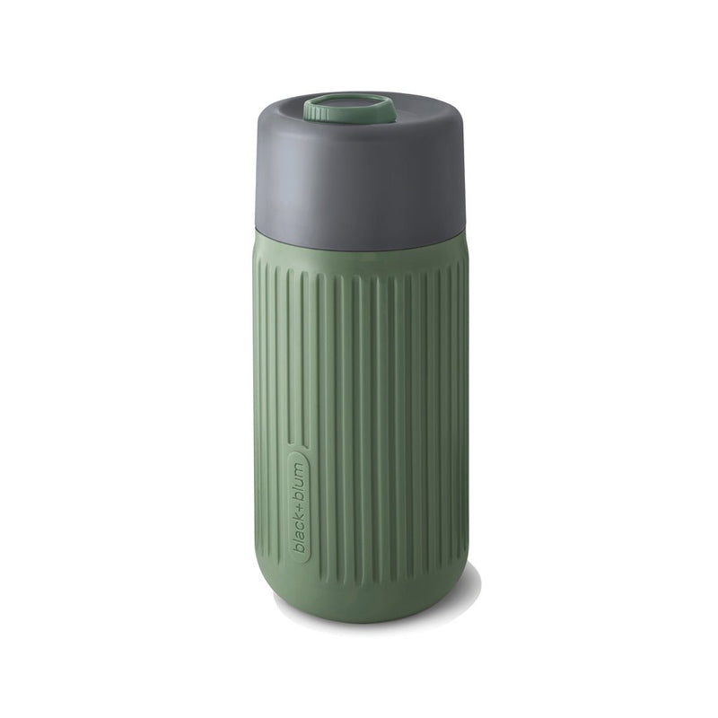 Load image into Gallery viewer, Black+Blum Glass Travel Cup 340ML - Custom Wood DesignsBlack + Blum glass travel cup, 340ml, with black lid and clear body for hot or cold drinks, on a white background.DrinkwareP439.1627Glass,Siliconeolive green
