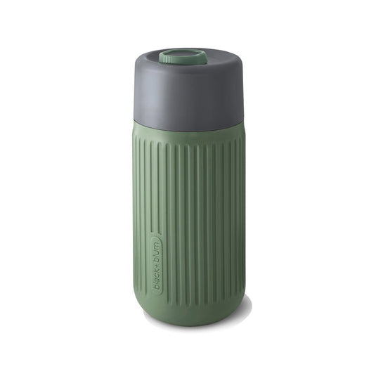 Black+Blum Glass Travel Cup 340ML - Custom Wood DesignsBlack + Blum glass travel cup, 340ml, with black lid and clear body for hot or cold drinks, on a white background.DrinkwareP439.1627Glass,Siliconeolive green