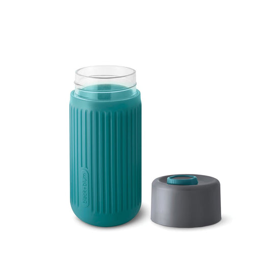 Black+Blum Glass Travel Cup 340ML - Custom Wood DesignsBlack+Blum glass travel cup with black lid, 340ML, for hot and cold beverages, featuring sleek, eco-friendly design.DrinkwareP439.1633Glass,Siliconeturquoise