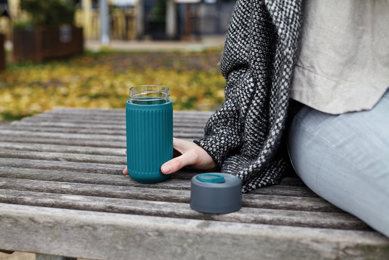 Load image into Gallery viewer, Black+Blum Glass Travel Cup 340ML - Custom Wood DesignsBlack+Blum glass travel cup, 340ml, showing a sleek black and clear glass drinkware design with a secure lid.DrinkwareP439.1633Glass,Siliconeturquoise
