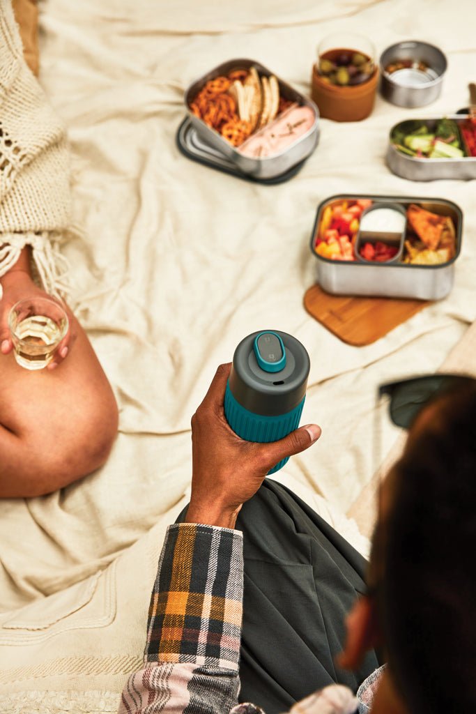 Load image into Gallery viewer, Black+Blum Glass Travel Cup 340ML - Custom Wood DesignsBlack+Blum glass travel cup with black lid, 340ml capacity, designed for hot and cold beverages, showcasing sleek drinkware style.DrinkwareP439.1633Glass,Siliconeturquoise
