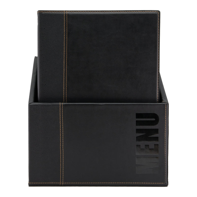 Load image into Gallery viewer, Leather style A4 menu holders in box 2 packs of 20 Custom Wood Designs blackleatherboxmenusa4customwooddesigns_76435b9b-fcea-4ce4-8d92-5771319f477c
