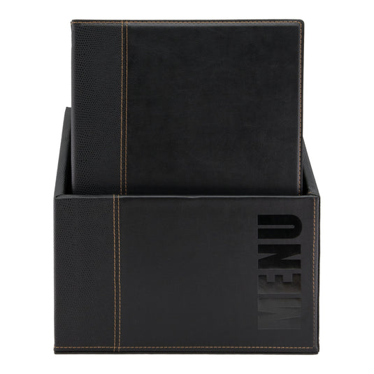 Leather style A4 menu holders in box 2 packs of 20 Custom Wood Designs blackleatherboxmenusa4customwooddesigns_76435b9b-fcea-4ce4-8d92-5771319f477c