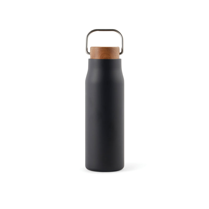 Load image into Gallery viewer, Recycled Vacuum bottle 300ml with acacia wood lid pack of 25 Black Custom Wood Designs __label: Multibuy blackvacuumrecycledbottlecustomwooddesigns
