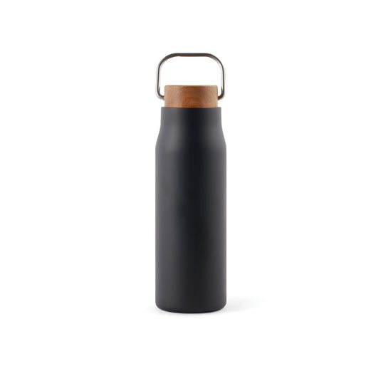 Recycled Vacuum bottle 300ml with acacia wood lid pack of 25 Black Custom Wood Designs __label: Multibuy blackvacuumrecycledbottlecustomwooddesigns