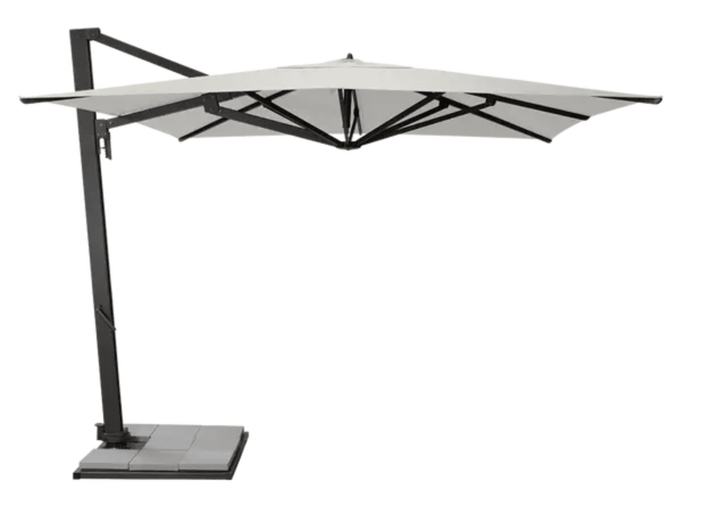 Load image into Gallery viewer, Fermob Borée 3x3m outdoor parasol with base and sealing plate set in anthracite and ecru fabric, ideal for hospitality spaces.
