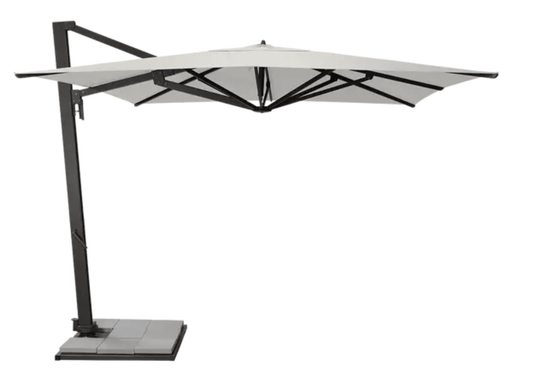 Fermob Borée 3x3m outdoor parasol with base and sealing plate set in anthracite and ecru fabric, ideal for hospitality spaces.