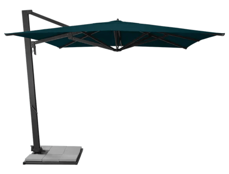 Load image into Gallery viewer, Fermob Borée 3x3m outdoor commercial parasol with base and sealing plate in anthracite and peacock green, ideal for hospitality spaces.
