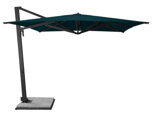 Fermob Borée 3x3m outdoor commercial parasol with base and sealing plate in anthracite and peacock green, ideal for hospitality spaces.