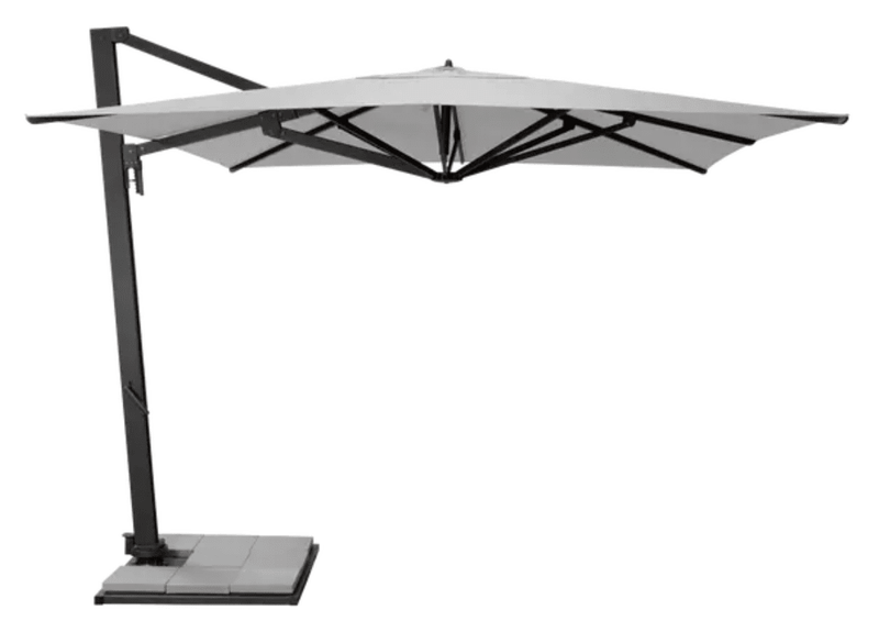 Load image into Gallery viewer, Fermob Borée 3x3m outdoor commercial parasol with base and sealing plate set in an anthracite pebble finish, ideal for hospitality spaces.
