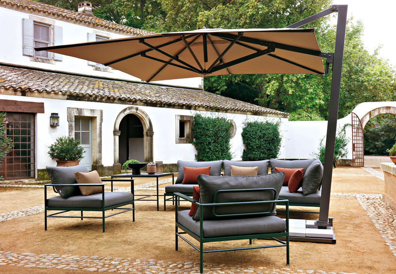 Load image into Gallery viewer, Fermob Borée 3x3m outdoor commercial parasol with base and sealing plate for hospitality outdoor spaces.

