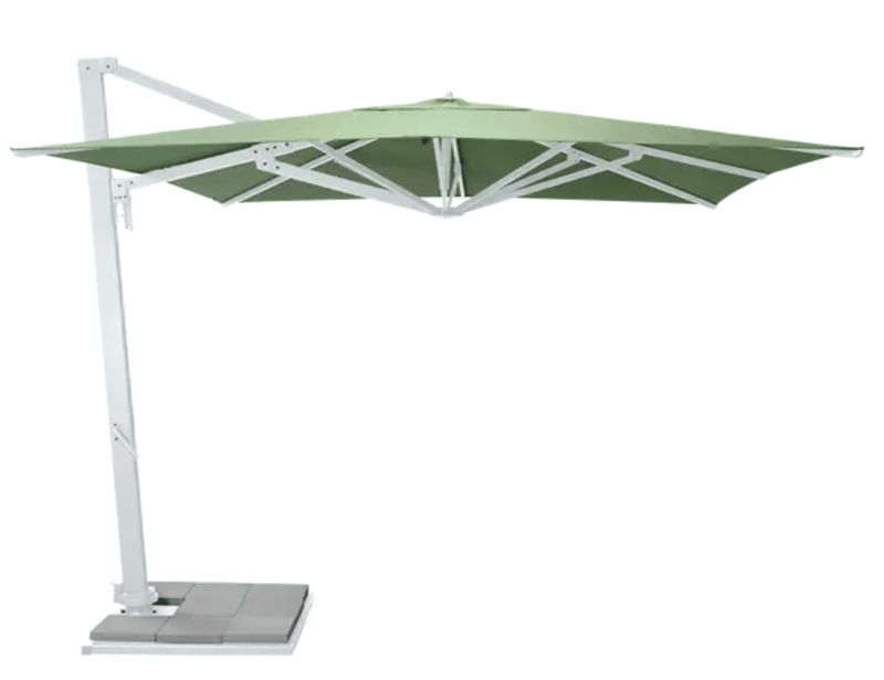 Load image into Gallery viewer, White and almond green Fermob outdoor 3x3m commercial parasol with base and sealing plate for hospitality spaces.
