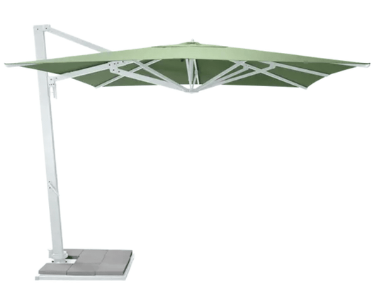 White and almond green Fermob outdoor 3x3m commercial parasol with base and sealing plate for hospitality spaces.