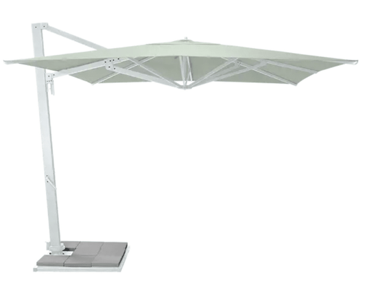 White and aqua green Fermob Borée 3x3m outdoor commercial parasol with base and sealing plate for hospitality spaces.