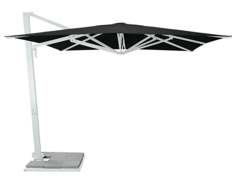 Load image into Gallery viewer, White Fermob Borée 3x3m outdoor commercial parasol with base and sealing plate for hospitality and outdoor shading.
