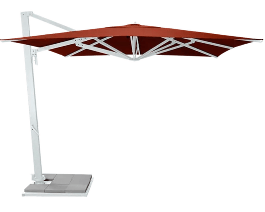 White Fermob Borée 3x3m outdoor commercial parasol with base and sealing plate, ideal for hospitality and outdoor seating areas.